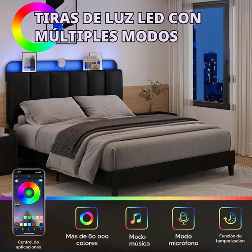 Vista 5 de BarnFurin Marco de Cama Tamaño Full con Cabecera Tapizada y Luces LED, Marco de Cama de Plataforma Full con Almacenamiento, Sin Ruido, No Requiere