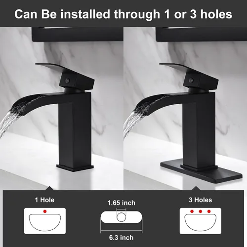 Vista 5 de Grifo de baño cascada negro – Grifo de lavabo de baño de una sola manija negro mate de 1 o 3 agujeros Grifo de tocador sólido de un solo orificio