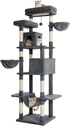 Vista 10 de Árbol para gatos de 54 pulgadas, torre alta para gatos con hamaca, condominio y almohadilla para rascar, casa para gatos con percha de felpa