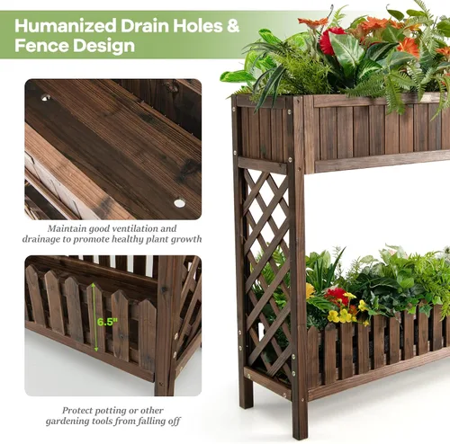 Vista 4 de S AFSTAR Cama de jardín elevada de 2 niveles, cama de flores para interiores y exteriores con valla de estante inferior, caja elevada de madera