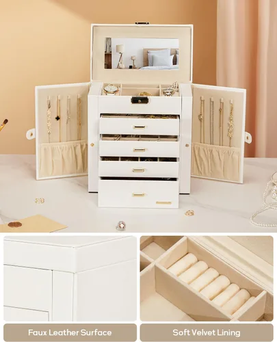 Vista 6 de Homde Joyero enorme de cuero sintético con espejo, organizador de relojes, collar, anillo y aretes, estuche de regalo con cerradura (blanco + dorado)