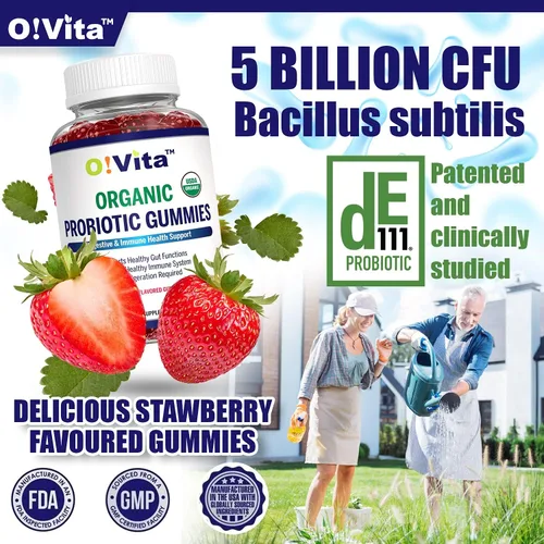 Vista 3 de Gomitas probióticas orgánicas, 5 mil millones de UFC, fuerza máxima, sabor a fresa, salud intestinal y apoyo inmunológico para hombres, mujeres