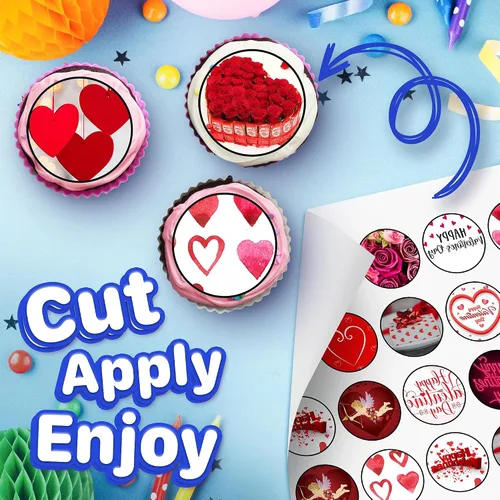 Vista 6 de 30 adornos comestibles para cupcakes con temática de San Valentín para decoración de tartas comestibles sin cortar comestible en hoja de oblea