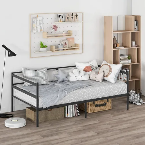 Vista 3 de KOMFOTT Marco de sofá cama de metal tamaño individual, plataforma de soporte de listones de metal resistente, sofá cama con almacenamiento,