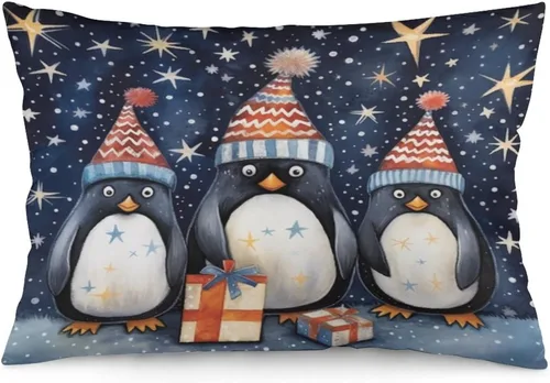 Vista 14 de Fundas de almohada con diseño de pingüinos de Navidad de 12 x 20 pulgadas, diseño de pingüinos en acuarela de Navidad, fundas de almohada