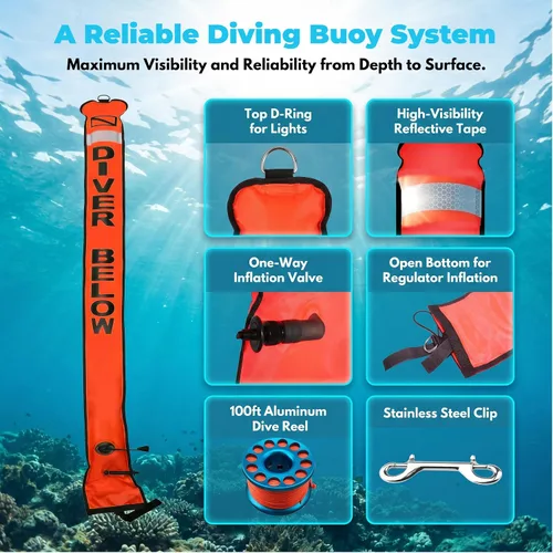Vista 2 de DSMB Surface Marker Buoy with 100ft Finger Spool Reel Diver Below Signal Flag Tube Scuba Diving Equipment Open Bottom Set