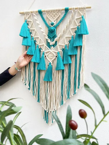 Vista 9 de BMIDRUT Tapiz colgante de macramé tejido bohemio, arte de pared hecho a mano, tapiz de macramé para decoración de pared del hogar, frontón de pared