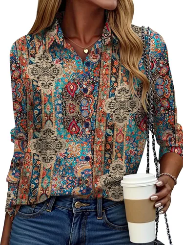 Vista 10 de ZEAGOO Camisa de manga larga con botones para mujer, blusas con estampado floral, trajes de trabajo casuales de negocios, tallas S-XXL