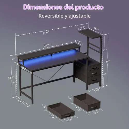 Vista 2 de Mericonia Escritorio para juegos de 52 pulgadas con cajones, escritorio reversible para computadora, color negro