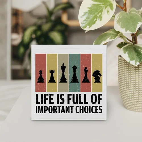 Vista 4 de Life is Full of Important Choices - Cartel de madera de ajedrez para decoración de escritorio, caja de madera de ajedrez, letrero de bloque rústico