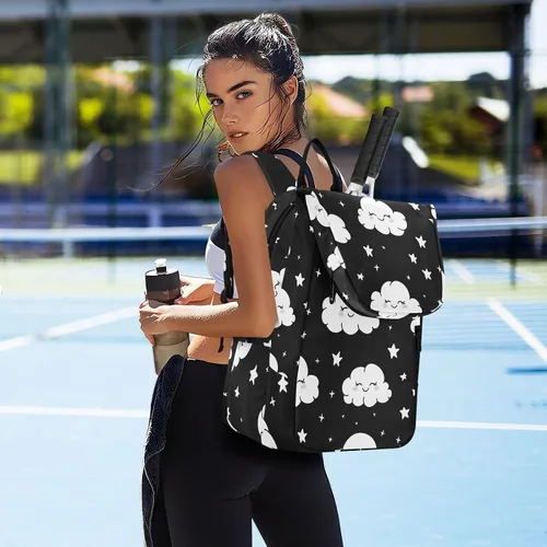 Vista 7 de Unisex Tennis Bag Waterproof Cartoon Happy White Cloud Black Sports Tennis Badminton Bag Case for Women Men raquetas Denis para principiantes