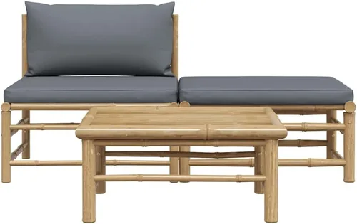 Vista 9 de vidaXL Juego de sala de patio de 3 piezas con elegantes cojines gris oscuro, muebles de exterior de bambú, sofá medio, reposapiés, mesa auxiliar