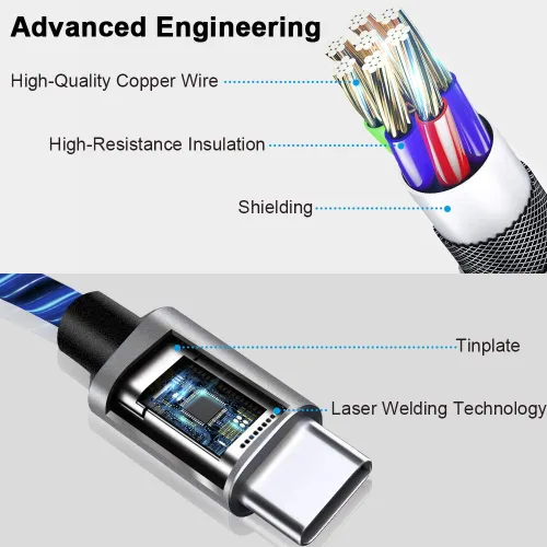Vista 5 de Cable USB C, cargador tipo C de 6 pies de luz de carga rápida, cable USB tipo C compatible con iPhone 15, Samsung Galaxy S10 S9 S8 Plus, Note 10 9