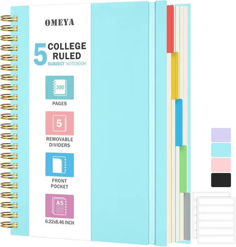 Vista 9 de Cuaderno de Espiral 8.5" x 11", Cuadernos de 5 Materias con Rayas Universitarias con Divisores Removibles, 300 Páginas 100GSM Diario de Escritura