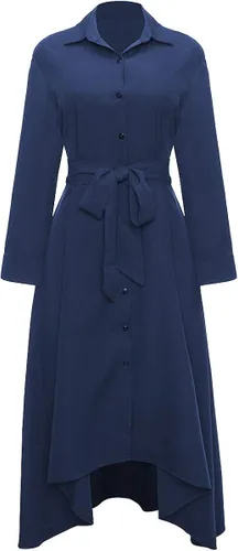 Vista 4 de VERWIN Vestido largo de manga larga para mujer holgado elegante con botones con bolsillos y cinturones Azul