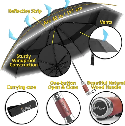 Vista 7 de Royal Walk Paraguas de viaje plegable resistente al viento, compacto y fuerte, mango de madera real, cierre automático, doble toldo ventilado