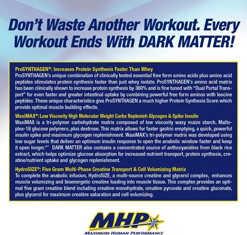 Vista 6 de MHP Dark Matter Después del Entrenamiento, Acelerador de Recuperación, con Creatina de Fase Múltiple, Hidrato de Carbono de Maíz Ceraceo, 6g EAAs