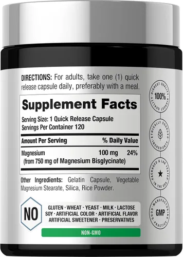 Vista 2 de Horbäach Bisglicinato de magnesio 120 cápsulas 750 mg Suplemento sin OMG y sin gluten Suplemento sin OMG y sin gluten