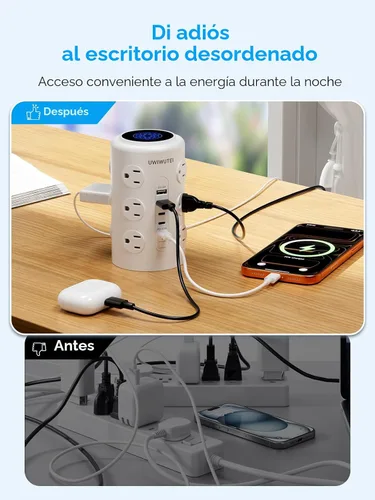 Vista 4 de Regleta de alimentación de torre con 1 puerto dedicado de carga rápida PD 20W, 12 tomas, 5 puertos USB (3 USB-C), protector de 1800J, estación