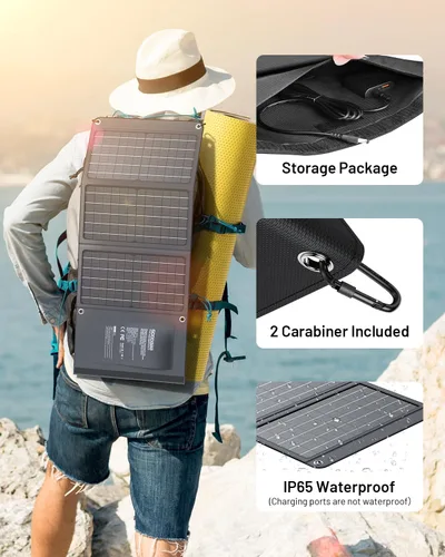 Vista 6 de GOODaaa 30W Panel Solar Portátil con Tres Salidas, Cargador Solar Plegable de Carga Rápida USB QC 3.0, Paneles Impermeables IP65 para Exteriores