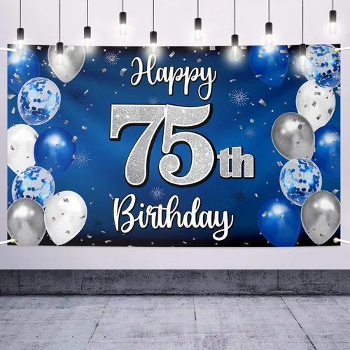 Vista 60 de Decoración de feliz cumpleaños número 100, globo azul y plateado grande cartel de fondo de cumpleaños de 100 años - Suministros para fiesta
