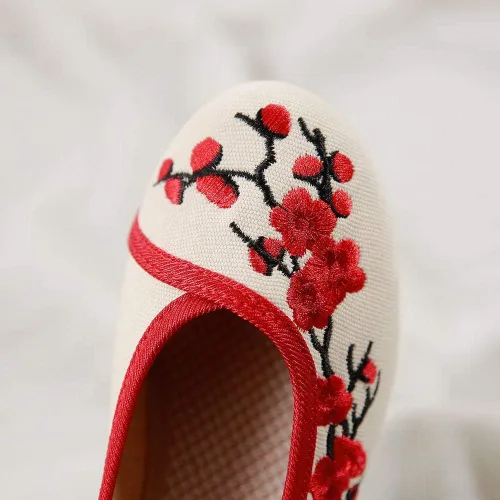 Vista 5 de YYYSHOPP Zapatos planos de lona para mujer, zapatos de plataforma oculta de lona con flor de ciruela, bordados, zapatos casuales con correa