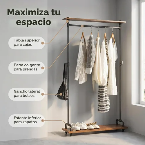 Vista 4 de [Usado] Estante de ropa de tubería industrial, Perchero de madera, Estante de ropa