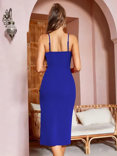 Vista 5 de Missufe Vestido de cóctel para mujer, con cuello en V, sin mangas, fruncido, entallado, con abertura, para verano, fiesta, cóctel