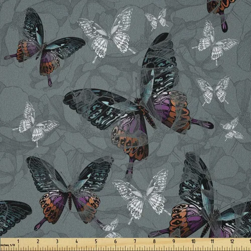 Vista 106 de Ambesonne Tela para Amantes de los Perros por Yarda, Perro Salchicha de Dibujos Animados Dachshund Cachorro con Pijamas a Rayas Flores y Mariposas