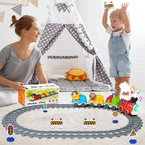 Vista 8 de Juego de Tren Eléctrico para Niños Pequeños de 3-5 4-8 con Pistas de Tren, Luces, Señal de Vapor, Música Realista, Sonido, Conexión Magnética