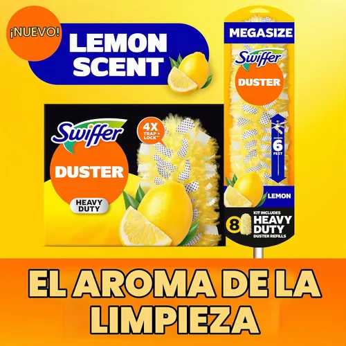 Vista 4 de Swiffer Kit de plumero con mango súper extensible de 6 pies, kit de inicio resistente con 8 repuestos, aroma a limón