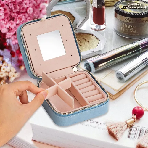 Vista 2 de Joyero de terciopelo de viaje con espejo, mini estuche de regalo para mujeres y niñas, pequeñas cajas organizadoras portátiles para anillos, aretes