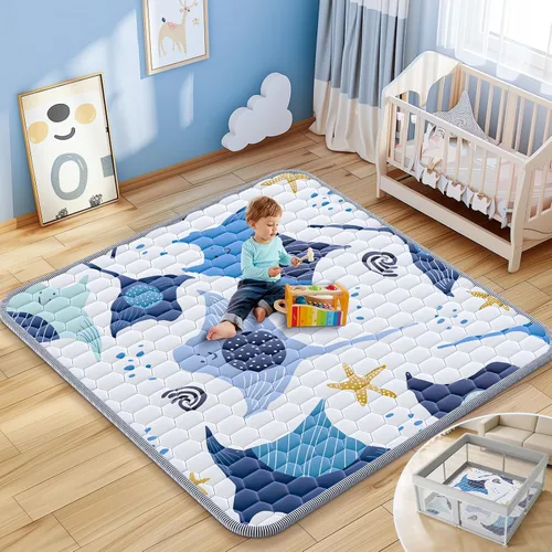 Vista 9 de Tapete de juego para bebé de 47 x 47 pulgadas, grueso y suave, acolchado para bebé para corral de juegos, tapetes para gatear para bebés, niños