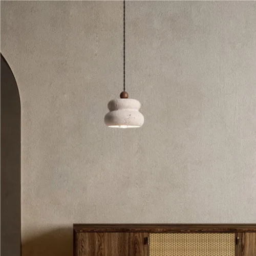 Vista 2 de Farmhouse Pendant Lights Fixtures Vintage Yellow Travertine Hanging Lamp with Wood Accents Japanese Wabi-Sabi Natural Chandeliers for Kitchen Island