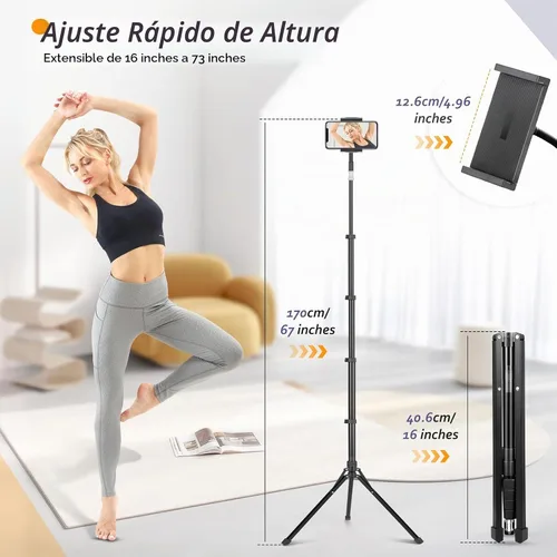 Vista 2 de Aureday Adjustable Tripod Stand, 67” Height, Tablet Holder for iPad mini/Air/Pro, Kindle, Switch, Smartphones, 4.7”-12.9” Devices Negro