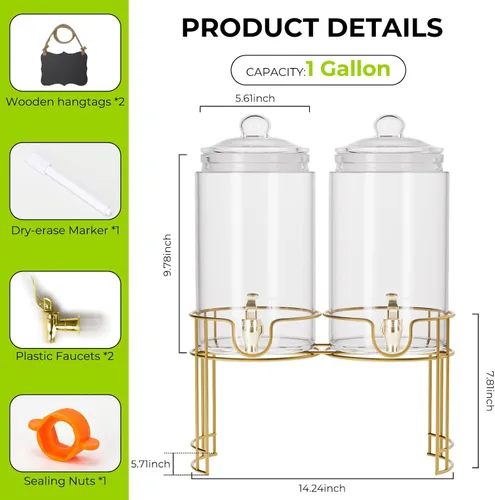 Vista 2 de Dispensadores de bebidas de vidrio para fiestas, paquete de 2 dispensadores de bebidas de 1 galón con tapas, soporte de metal dorado y espita 100% a