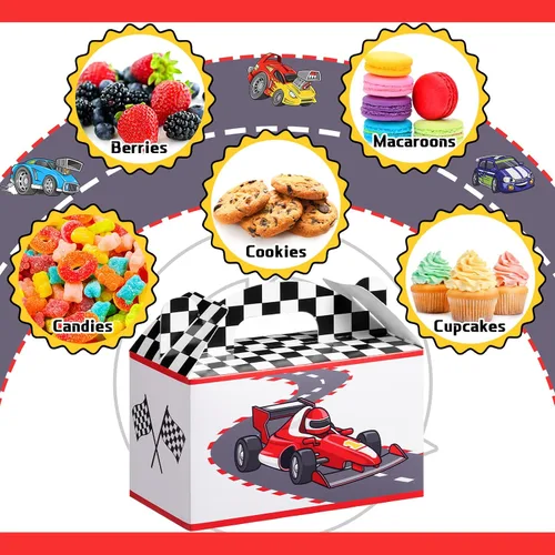 Vista 4 de 24 cajas de regalo de fiesta de autos de carreras con asa de bandera de carreras, cajas de golosinas para regalos de caramelos, ruedas a cuadros