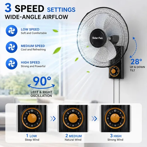 Vista 3 de Ventilador solar de montaje en pared de 16 pulgadas, ventiladores de doble potencia con panel solar de 20 W, oscilación de 90°, ventilador