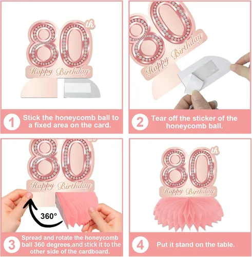 Vista 5 de Centros de mesa de nido de abeja de oro rosa de 80 años, globos de decoración temática, decoración de mesa para niñas y mujeres, dulce princesa