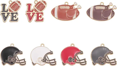 Vista 3 de yaokan Paquete de 16 dijes esmaltados para casco de fútbol americano – I Love Sports Rugby Ball Colgantes para bricolaje, collar, pulsera, aretes
