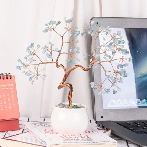 Vista 3 de Amogeeli Árbol de dinero de cobre de cristal aguamarina curativo con maceta de cerámica, árbol de la suerte bonsái de piedra hecho a mano