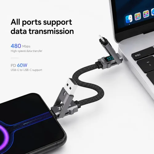 Vista 4 de pzoz Cable de carga múltiple llavero cable de carga con pantalla LED, 4 en 1 Multi USB C de carga rápida Combo Lightning/Tipo C/USB A/USBC