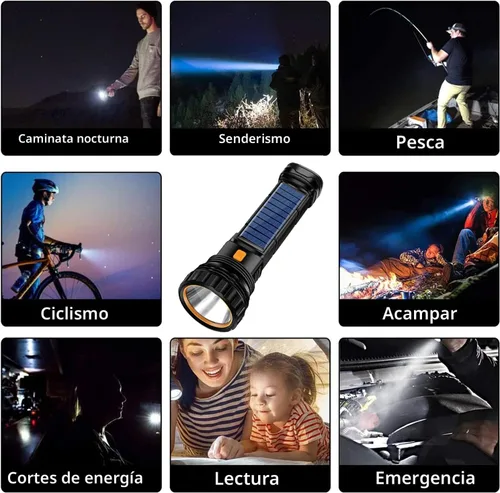 Vista 5 de Linterna LED solar / recargable multifunción de 1000 lúmenes, con luz estroboscópica de emergencia y batería de 1200 Mah, fuente de alimentación