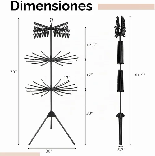 Vista 7 de Giantex Trípode de secado de ropa, estante de secado de ropa plegable independiente de 3 niveles con 24 clips y 32 varillas, soporte de secado