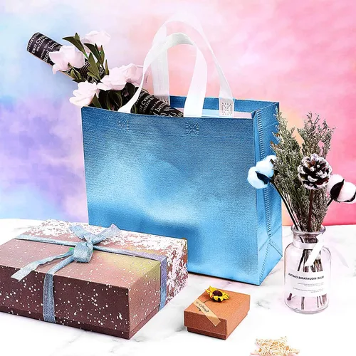 Vista 2 de Juego de 12 bolsas de comestibles reutilizables brillantes con asas, bolsa de regalo de despedida de soltera, bolsa de dama de honor no tejida