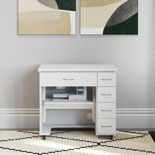 Vista 6 de Arrow - Muebles de costura clásicos Alice - Armario de costura compacto de tamaño mediano con elevación hidráulica de máquina, cajones, hojas
