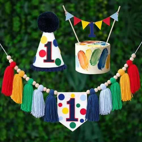 Vista 8 de Cartel para decoración de primer cumpleaños con texto en inglés Verde Azul Amarillo