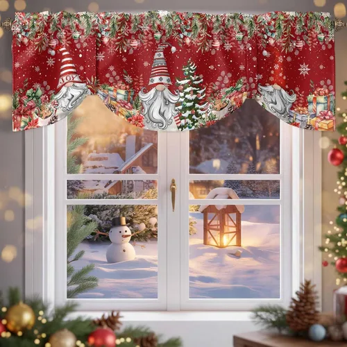 Vista 19 de Cenefa de amarre de muñeco de nieve de dibujos animados para ventanas de cocina, bolas de Navidad, ramas de hojas, cenefas de cortina de 42 x 12