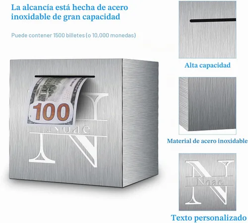 Vista 3 de Hucha de acero inoxidable grabada personalizada con nombre (4.7 pulgadas)