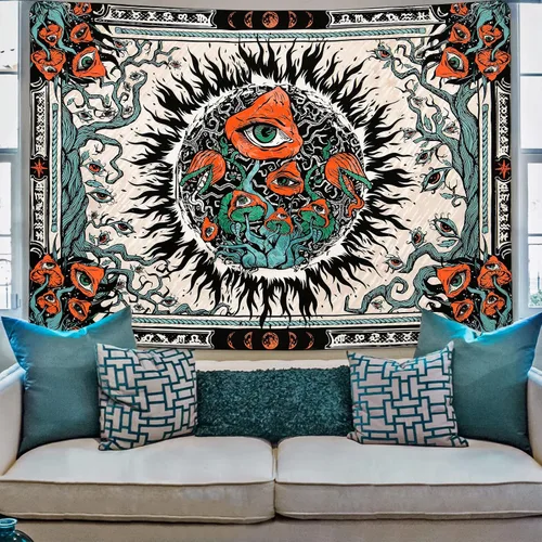 Vista 4 de Cohpoh Tapiz de sol de hongos (59.1 x 82.7 pulgadas) – Sol ardiente, hongos, ojos y vides – Colgante de pared para dormitorio, sala de estar, oficina